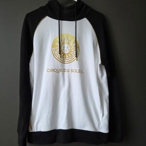 Cirque du Soleil Hoodie Sweatshirt Gold Sun Logo Black White Raglan Sleeve Sz M?